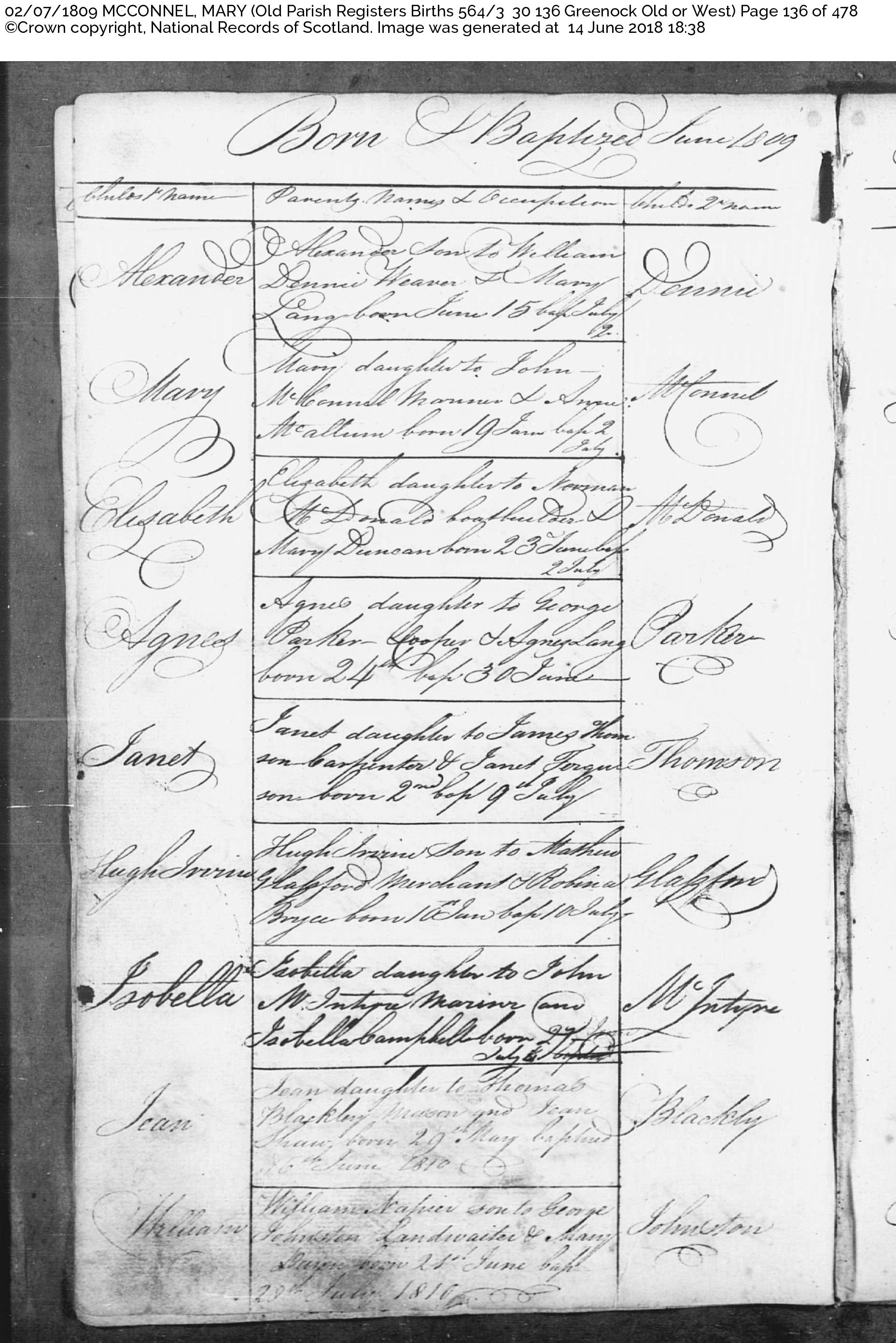 MaryConnell_B1809 Greenock, July 2, 1809, Linked To: <a href='i2561.html' >Ann McCallum</a> and <a href='i2558.html' >John Connell 🧬</a>